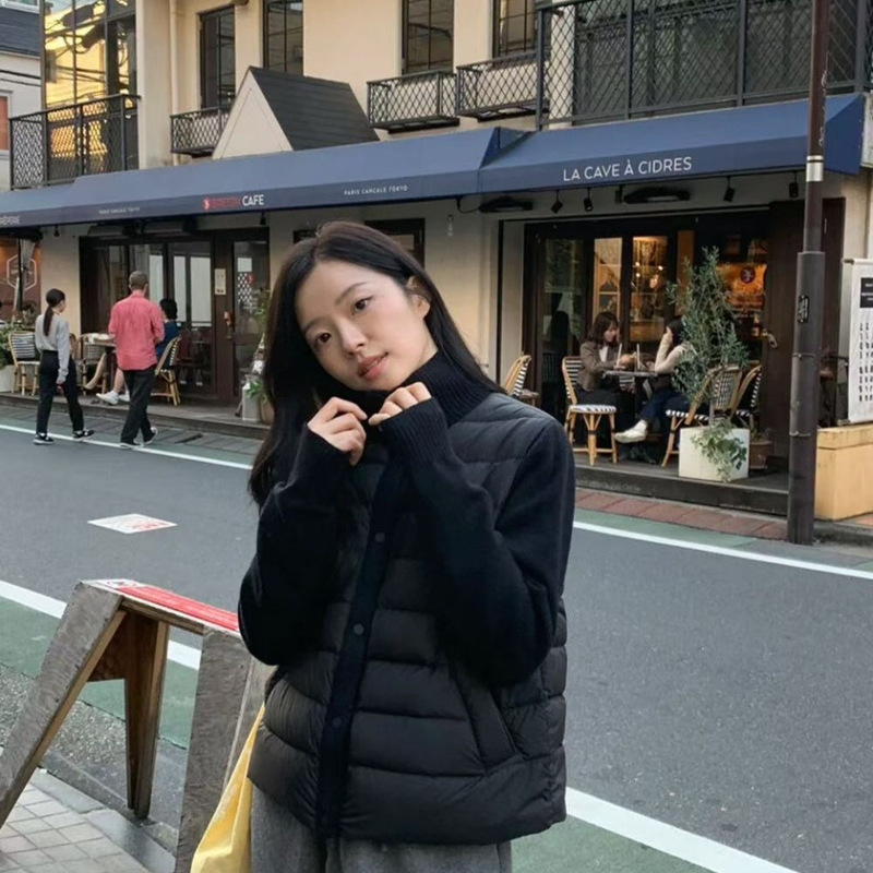 Korean Style Knitted Stand Collar Splicing 90 White Goose down down Jacket for Women Autumn and Winter New Short Style Light and Warm Small Outwear