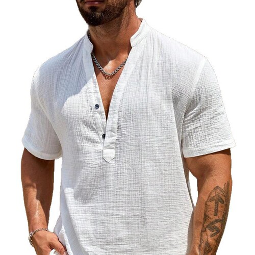 Men's European and American Cross-border Single-layer Plain Color Breathable Stand Collar Short-sleeve Shirt 2025 Fashion Simple Plain Collared Shirt