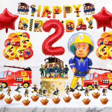 消防员山姆主题生日派对装饰燕尾拉旗蛋糕插牌气球螺旋吊饰邀请卡