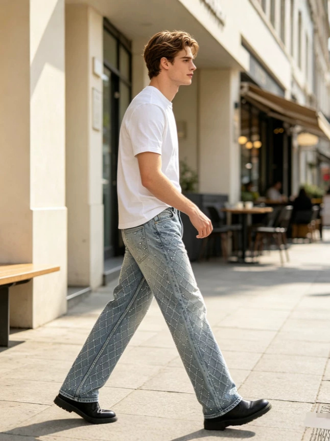 Jeans Rectos con Diamantes para Hombre de Mezclilla de Algodón, Sin Elasticidad, para Uso Diario