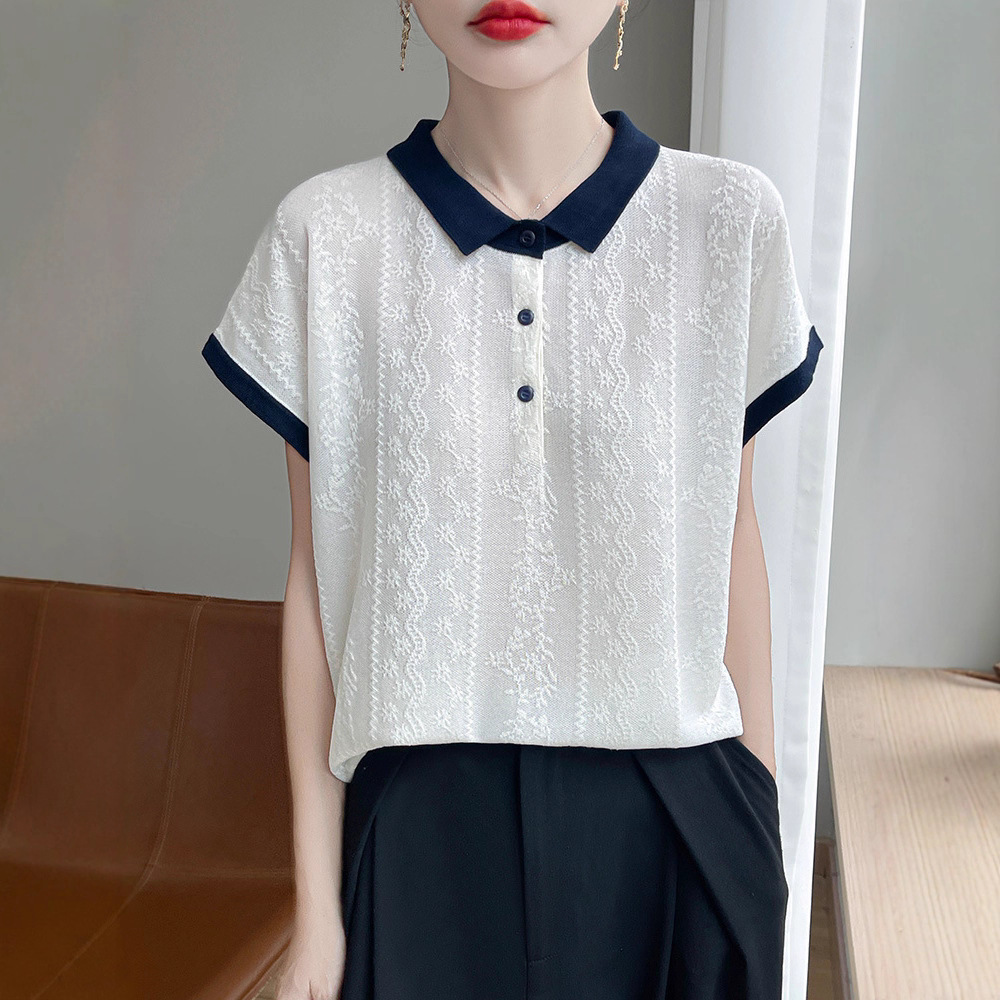 25 New Summer Styles of Fine Imitation Wool Organza Lapel Color Matching Small Flying Sleeves Short-Sleeved T-Shirts for Women Thin Versatile Tops