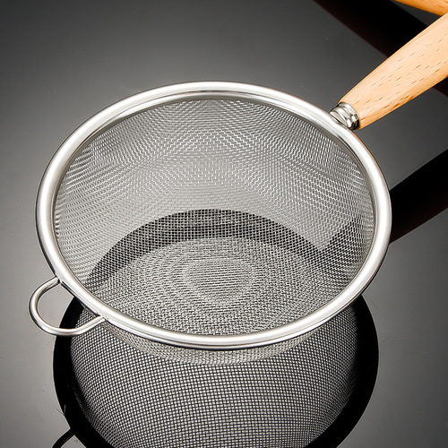 304 stainless steel mesh colander, wooden handle filter flour colander, household kitchen frying oil grid filter leak