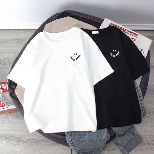 Children's Summer Outfit Smiling Print T-Shirt for Girls, Primary School Students, Korean Style Loose Half-Sleeve Base Layer Top for Boys