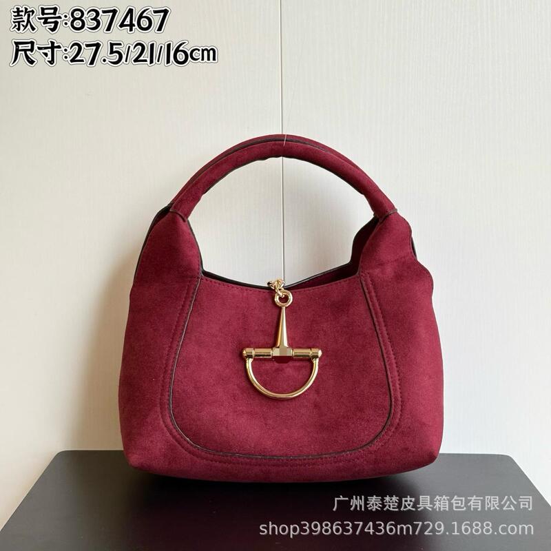 2025 New Genuine Leather Horsebit Handbag Women's High-End Commuter Shoulder Armpit Bag Nubuck Leather Fashionable and Versatile