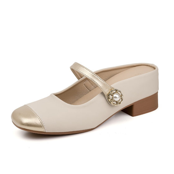 Short Height Increase 6cm Sheepskin Single-layer Shoes Women's Thick Heel Muller Gold Color-matching Mary Jane Baotou Soft Bottom Half-tow