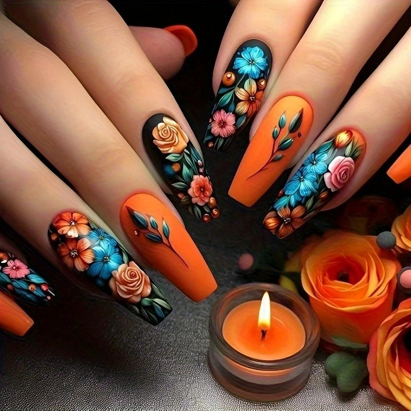 Ballet Fashion Dark Night Orange Light Floral Art Wearable Nail Removable Nail Art Stickers 24Pcs