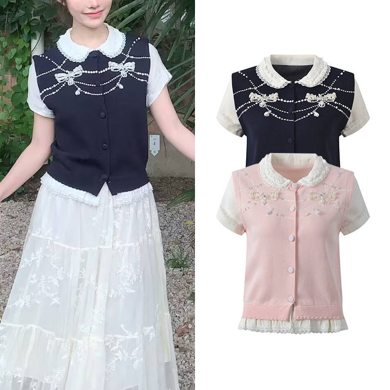 2026 Summer New Fashion Bow Jacquard Beaded Faux Two-Piece Lace-Trimmed Knit Short-Sleeve Cardigan Top 2026 Summer New Fashion Bow Jacquard Beaded Faux Two-Piece Lace-Trimmed Knit Short-Sleeve Cardigan Top