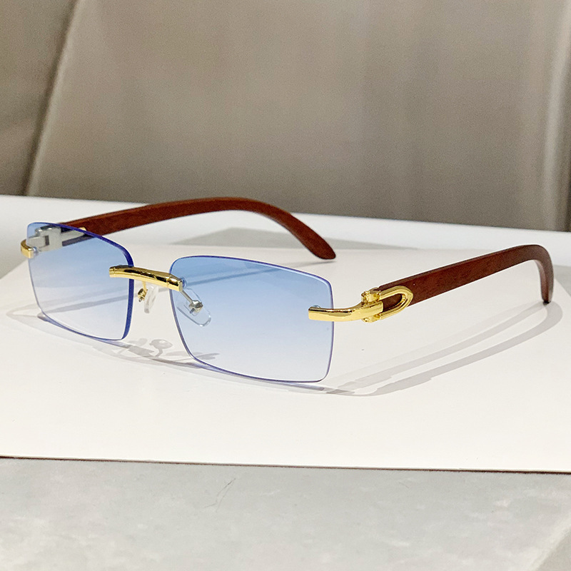 Cartier Rimless Square-Frame Wood Sunglasses Gold Brown Gradient Blue (CT0052S)