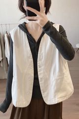棉质马夹外套女士春秋季新款宽松显瘦v领简约小众设计感工装背心
