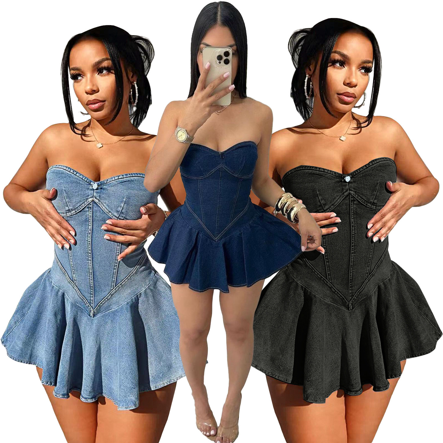 Women's Sleeveless Bust Denim Mini Dress Sexy Hot A-Line American Style Fashion Temperament Dress For Girls_ecoleips.com
