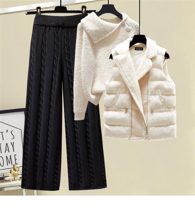 Women's Clothing Autumn and winter three piece suit for women, designer sweater, thickened slim vest coat, high waist, wide leg casual pants_voghion.com