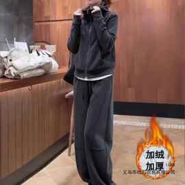 秋冬季大码胖mm显瘦洋气一整套加绒加厚卫衣套装女休闲两件套拼接