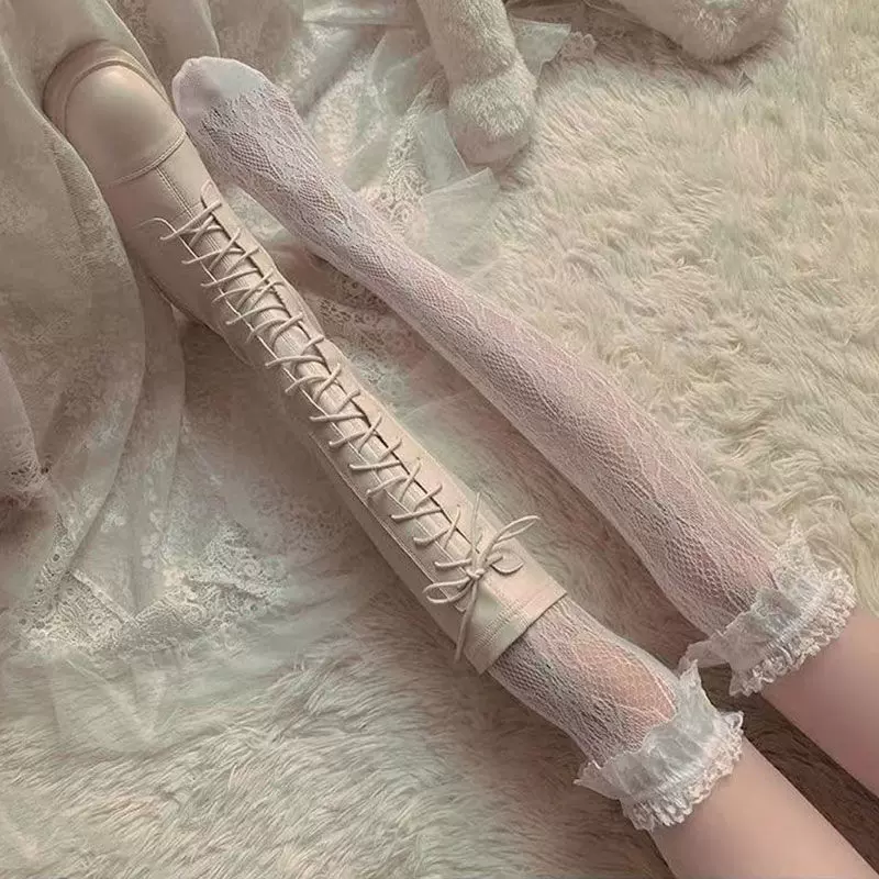 沐阮女中筒袜小腿袜女蕾丝花边白色过膝塔薄款高筒夏季jk黑色