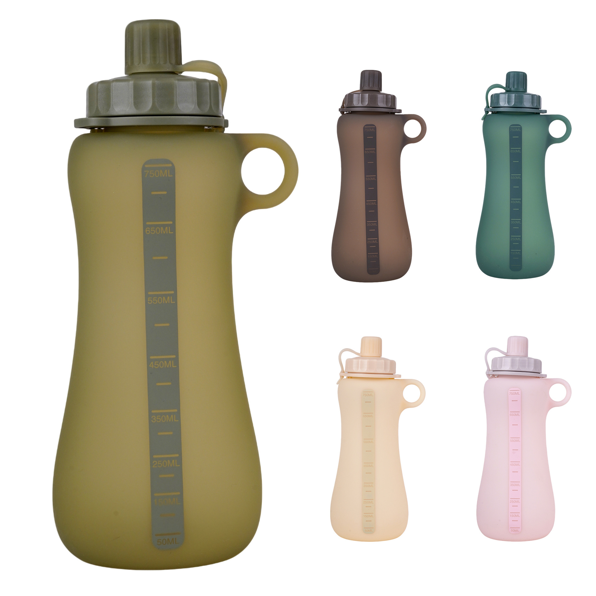 Botella de agua de silicona deportiva al aire libre de gran capacidad de 750ml de montaña de viaje en bicicleta taza de agua recta con botella de almacenamiento de agua de mano