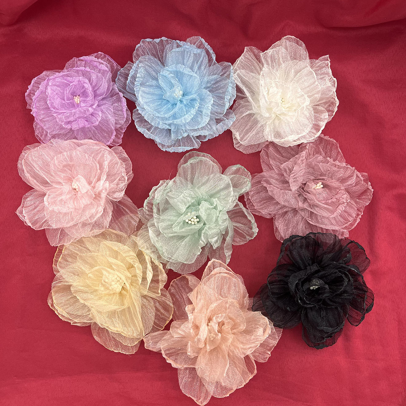 新款韩版欧根纱手工烧边花朵 diy头饰压皱纱布艺花朵鞋帽服饰辅料