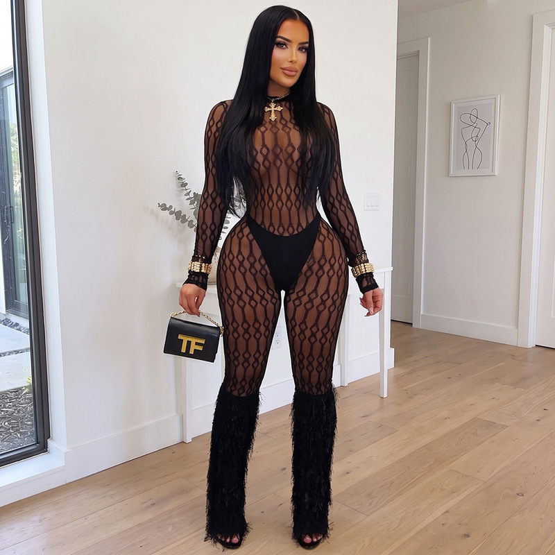 Hot Girl Style Diamond-Shaped Hollow-Out Fishnet Jumpsuit, Long Tassel Slit See-Through Party Outfit Two-Piece Set Hot Girl Style Diamond-Shaped Hollow-Out Fishnet Jumpsuit, Long Tassel Slit See-Through Party Outfit Two-Piece Set