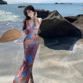 度假风纯欲风印花修身包臀露背绑带连衣裙波西米亚海边度假沙滩裙