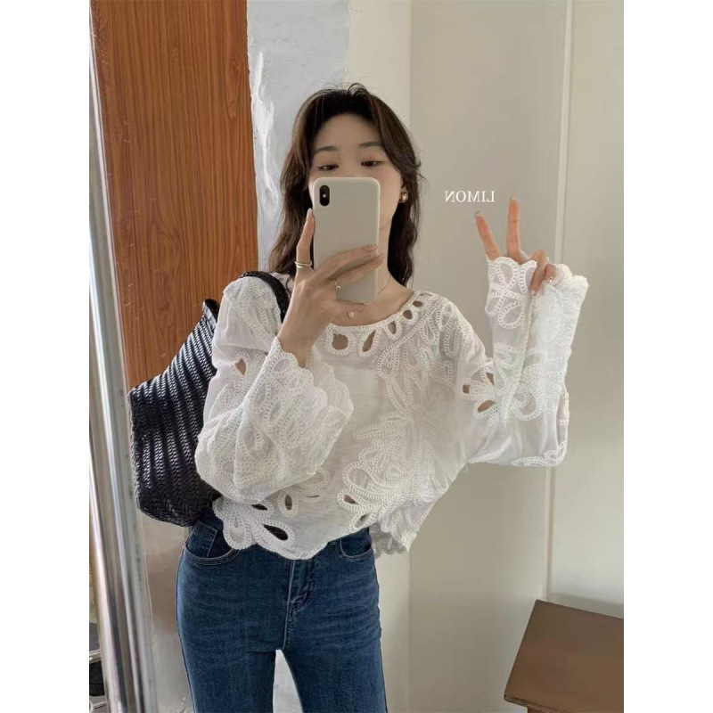 韩系设计感镂空刺绣长袖套头衬衫女春秋新款独特绝美宽松露肩上衣|undefined