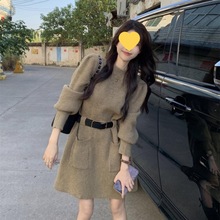秋冬小个子收腰网红韩版别致加厚针织连衣裙打底内搭毛衣裙子