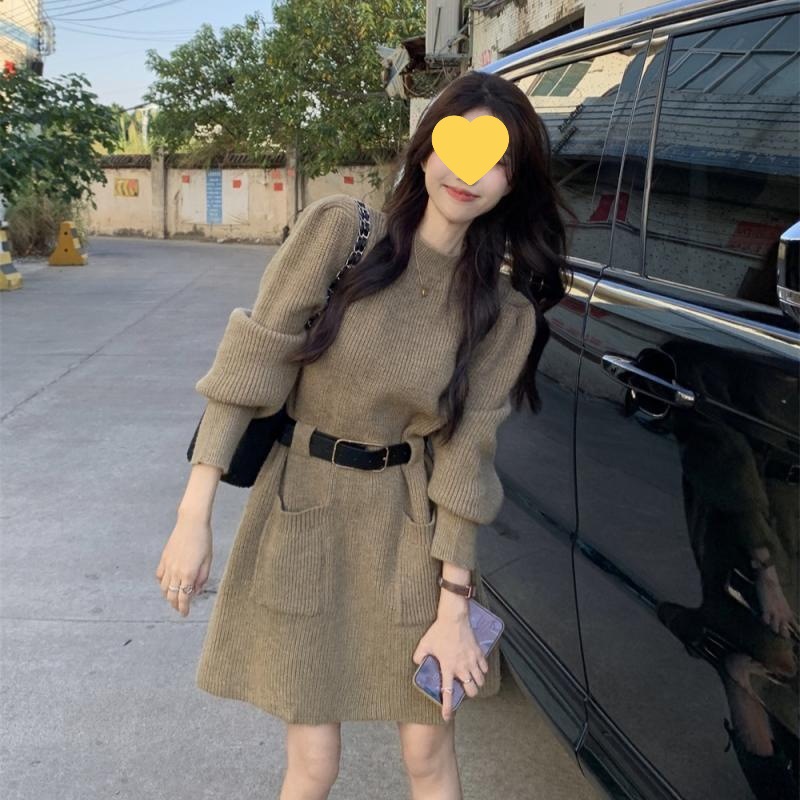 秋冬小个子收腰网红韩版别致加厚针织连衣裙打底内搭毛衣裙子