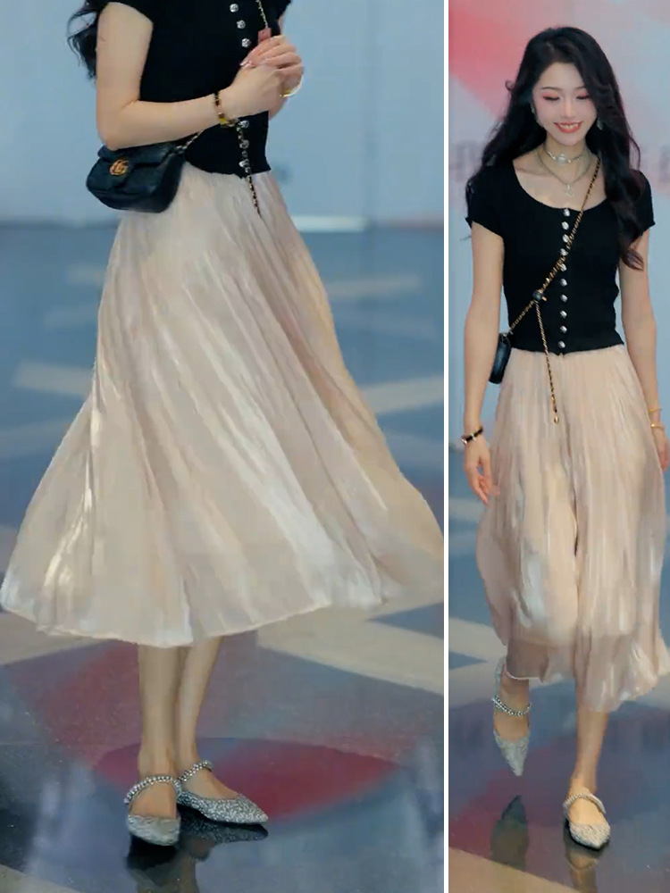 Acetic Acid Skirt Women's 2025 New Summer Long Skirt Streamer Yarn Fairy Elegant Draped A- line Pleated Skirt