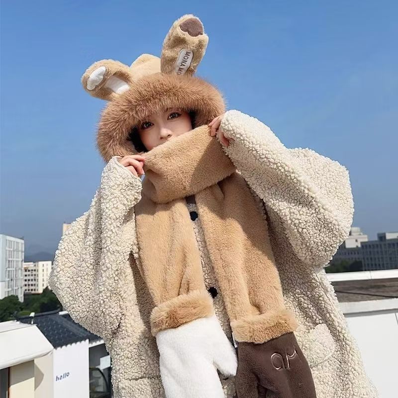 Añadir vello grueso lindos sombrero bufandas de oso en un conjunto de dos piezas para mujeres otoño y invierno nuevo buñuelo de peluche cálido con sombrero