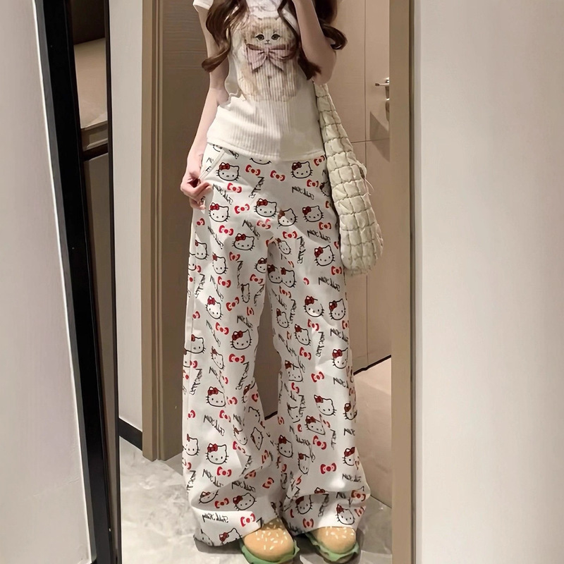 Sweet Girl Style Casual Pants for Women in Summer with Full Print Hello Kitty White Wide-Leg Pants with High Waist, Loose and Covering the Crotch and Floor Mopping