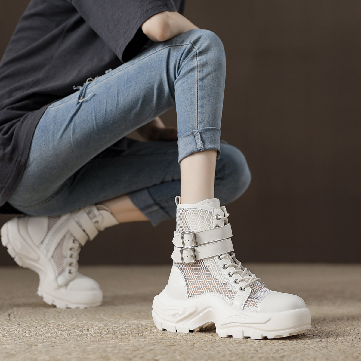 Sports thick-soled Martin boots women's summer thin 2023 new thick-soled mesh hollow breathable boots mesh boots sandals_voghion.com
