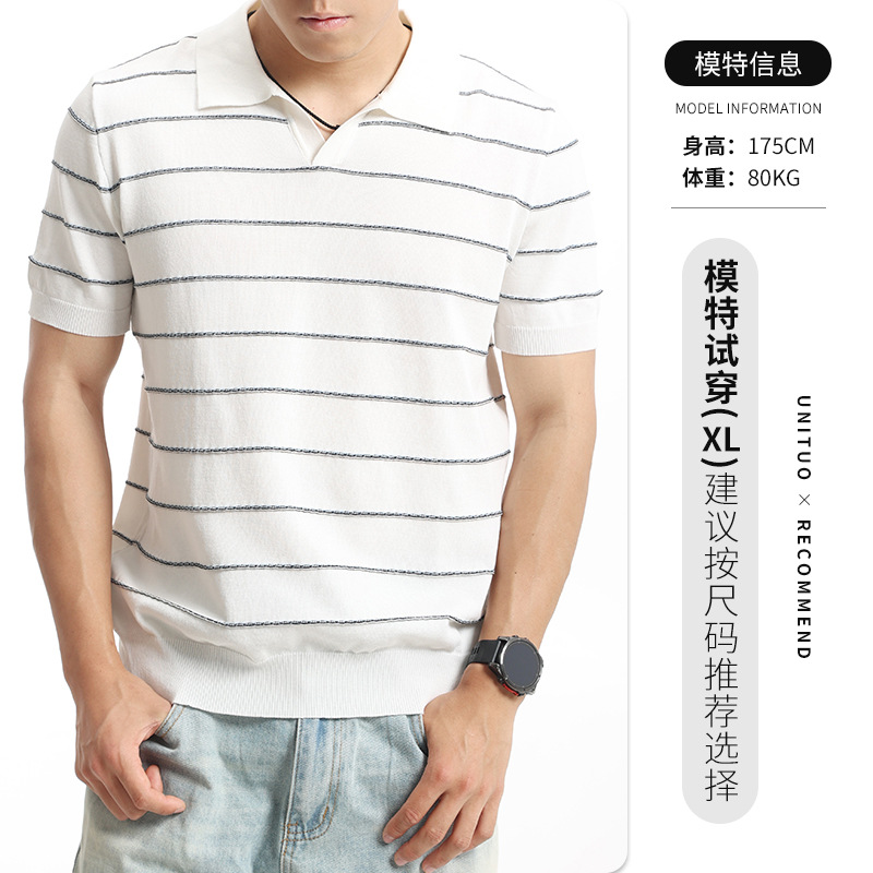 Hombres viejos ganancias de color contrastante tela de punto polo camiseta de verano de alto nivel de V-cuello camiseta de hombre casual de estilo europeo