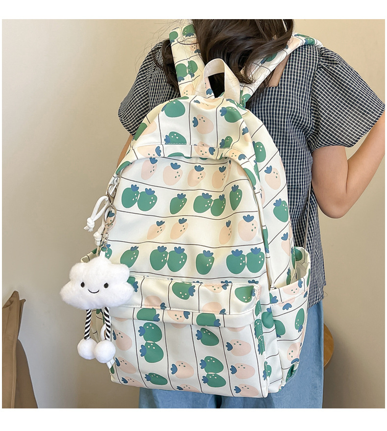 738g Weight Polyester Lining Material Sewing Thread Fashion Element Zipper Closure Type Double Shoulder Straps Strap Type Casual, School, Daily Occasion Nylon Material Waterproof Function Back To School Festival School Backpack Backpack Flower, Strawberry Pattern All Seasons Season Women's Gender Classic Style Style Square Shape Waterproof Flower Strawberry Casual School Daily School Backpack 无