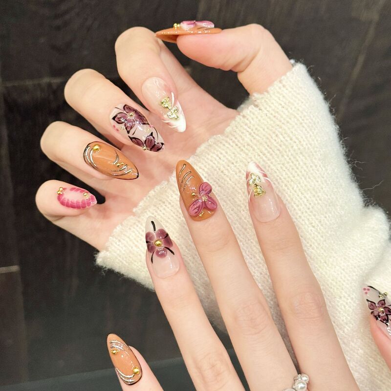 Rikaman Original [Orange Pink Flower] Orange Pink Contrast Color Handmade Wearable Nail Gold Decoration Embellishment Whitening Manicure