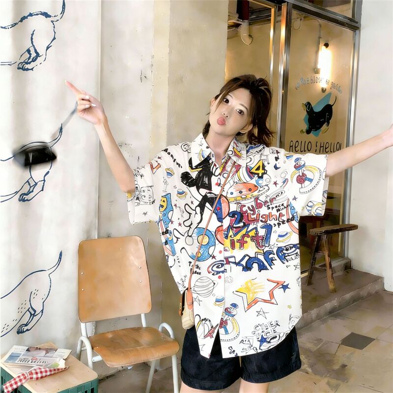 Retro Graffiti Short-Sleeved Shirt for Women, Summer New Design, Niche Trendy Brand Printed Top, Loose Slimming Shirt
