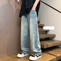 美式复古弯刀牛仔裤男款春秋港风水洗宽松阔腿直筒休闲裤男装批发