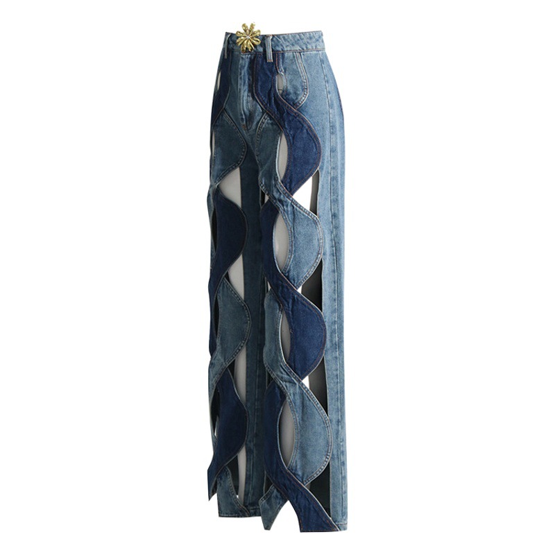 Pantalones de pierna ancha retorcidos personalizados para mujeres 2024 principios de primavera nueva cintura alta recta suelta adelgazamiento diseño pantalones vaqueros