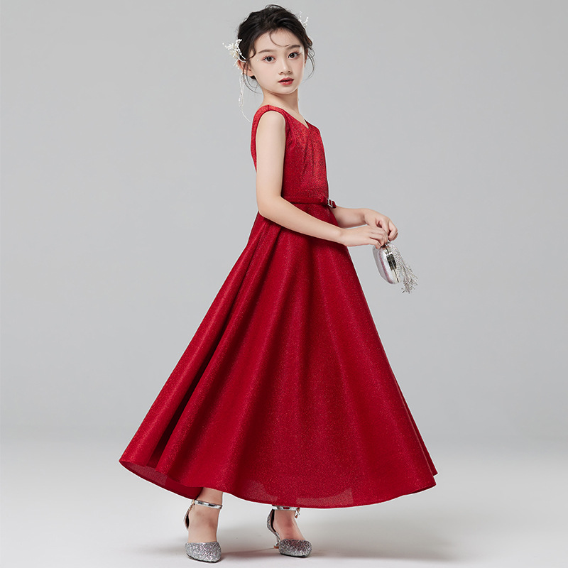 Vestido de noche de las niñas rojo niña de las flores Niña de la boda de alta gama princesa vestido otoño niños anfitrión piano traje