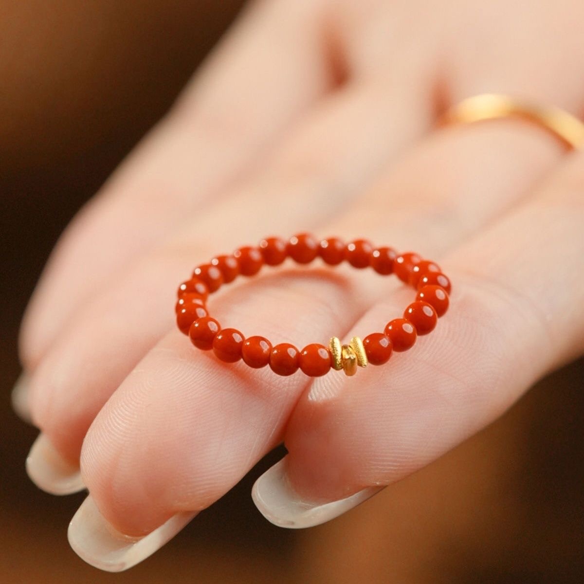 Popular Imitation Southern Red Agate Handmade Woven Ring DIY Finished Product with Elegant and Fashionable Design, Versatile Style, Glass