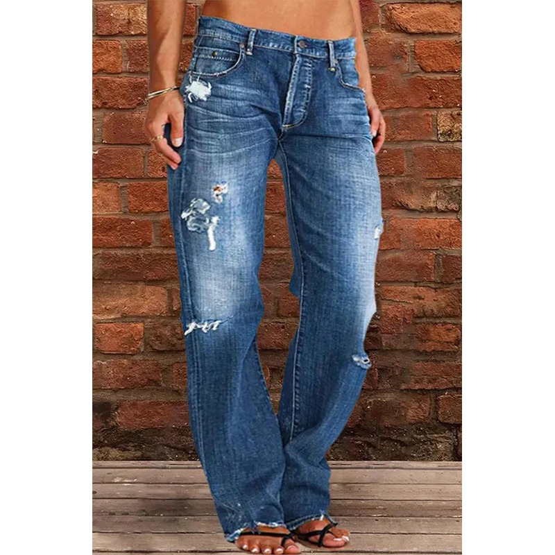 Cross-Border Foreign Trade Women's Denim European And American Trend Mid-Waist Ripped Casual Straight Pants Factory_ecoleips.com
