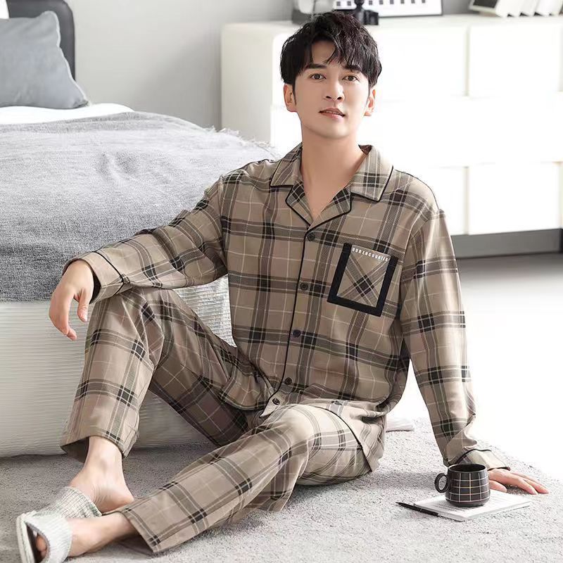 Algodón pesado para aumentar pijamas de manga larga para hombres cómodos jóvenes de mediana edad primavera otoño invierno ropa para el hogar