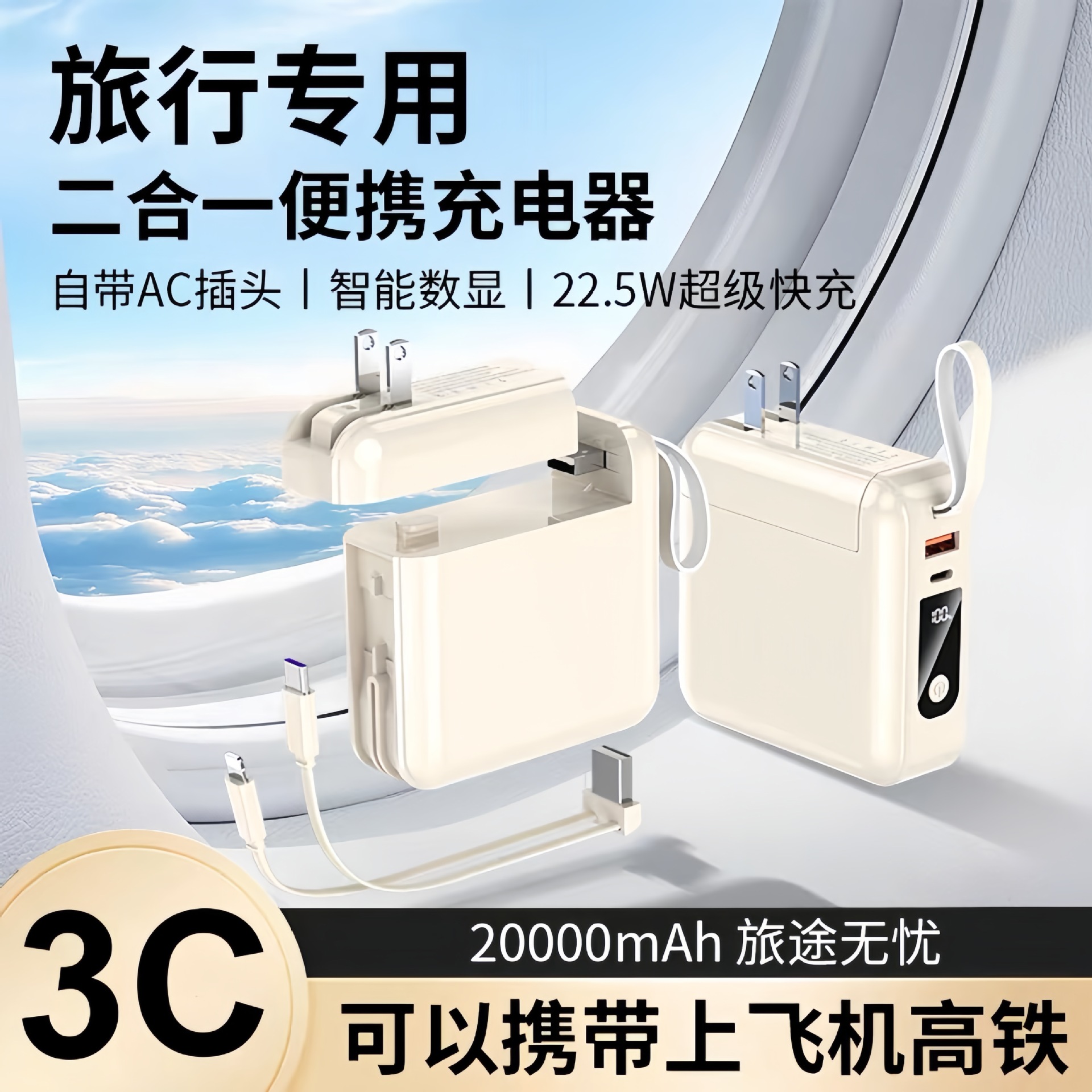 3C Certified 22.5W Dual-Way Fast Charging Power Bank with Built-In Plug and Cable, Multifunctional Mobile Power Supply, Gift with Customized Logo
