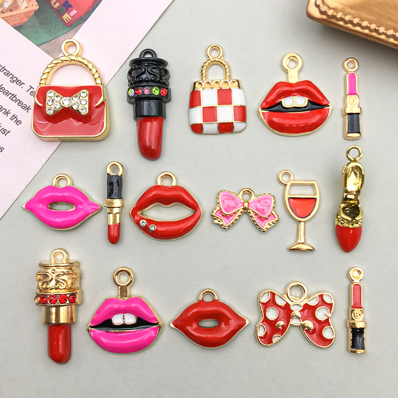 Enamel Design 16 Models Per Model 1, 16/Bag Alloy Lipstick Lips Bow Knot Pendant