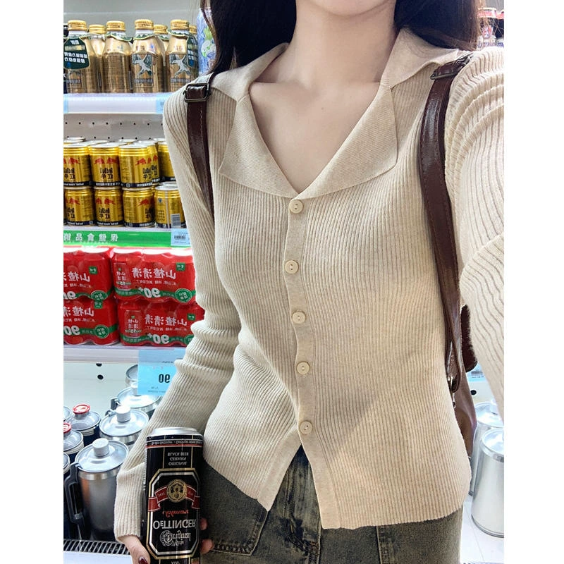 Трансграничный 2024 новый темперамент polo лацканный топ женский дизайн чувство нишевые кардиган с длинными рукавами весенний и осенний свитер