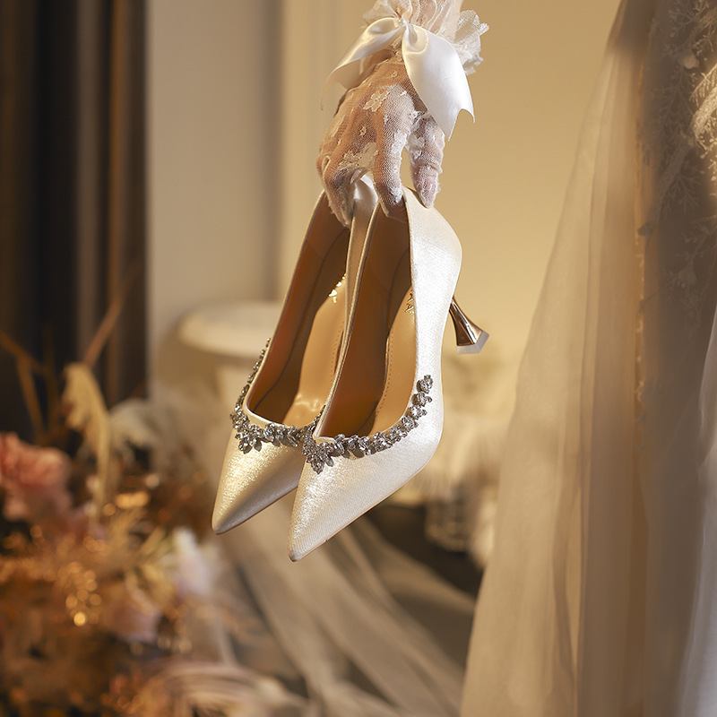 C758-107 New Style Wine Glass Heel Wedding Shoes Women's High Heels Comfortable Pointed Toe Shallow Mouth Bridesmaid Shoes Single Shoes