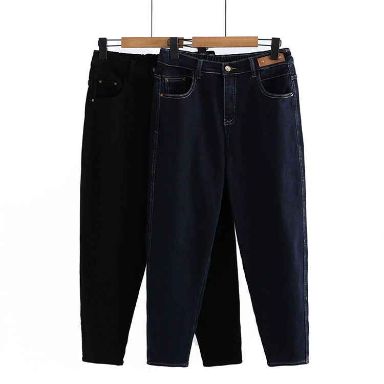 Fat MM2022 Осень/Зима Новые джинсы больших размеров на флисовой подкладке Корейские эластичные свободные утолщенные брюки Harlan с высокой талией 6337