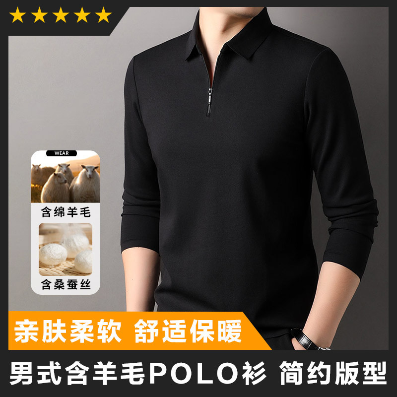 Mulberry Silk Long-sleeved T-shirt Men's Zipper Lapel Spring and Autumn New Base Solona Middle-aged and Young Polo Shirt Top Mulberry Silk Long-sleeved T-shirt Men's Zipper Lapel Spring and Autumn New Base Solona Middle-aged and Young Polo Shirt Top