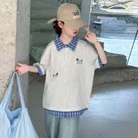 Свободные клетчатые топы с половиной рукавов для девочек, состоящие из двух частей, в корейском стиле, модные летние новые повседневные топы с короткими рукавами для детей среднего и большого возраста