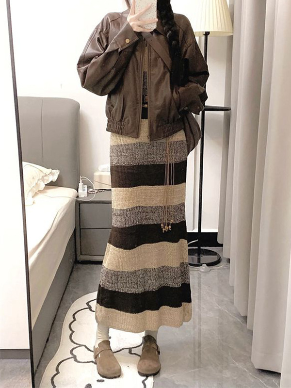 Hong Kong Style Retro Spring and Autum Suit Women's Waist Leather Jacket Contrast Stripesd Knitted Dress Two-piece Set Hong Kong Style Retro Spring and Autum Suit Women's Waist Leather Jacket Contrast Stripesd Knitted Dress Two-piece Set