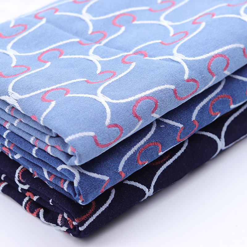 红白提花水洗牛仔布料服装面料高档手工DIY衣服
