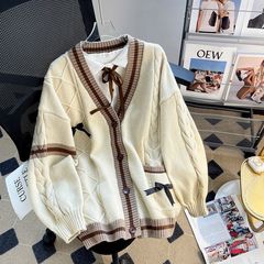 韩版新款蝴蝶结设计秋冬减龄日系慵懒风毛衣外套女宽松感针织开衫
