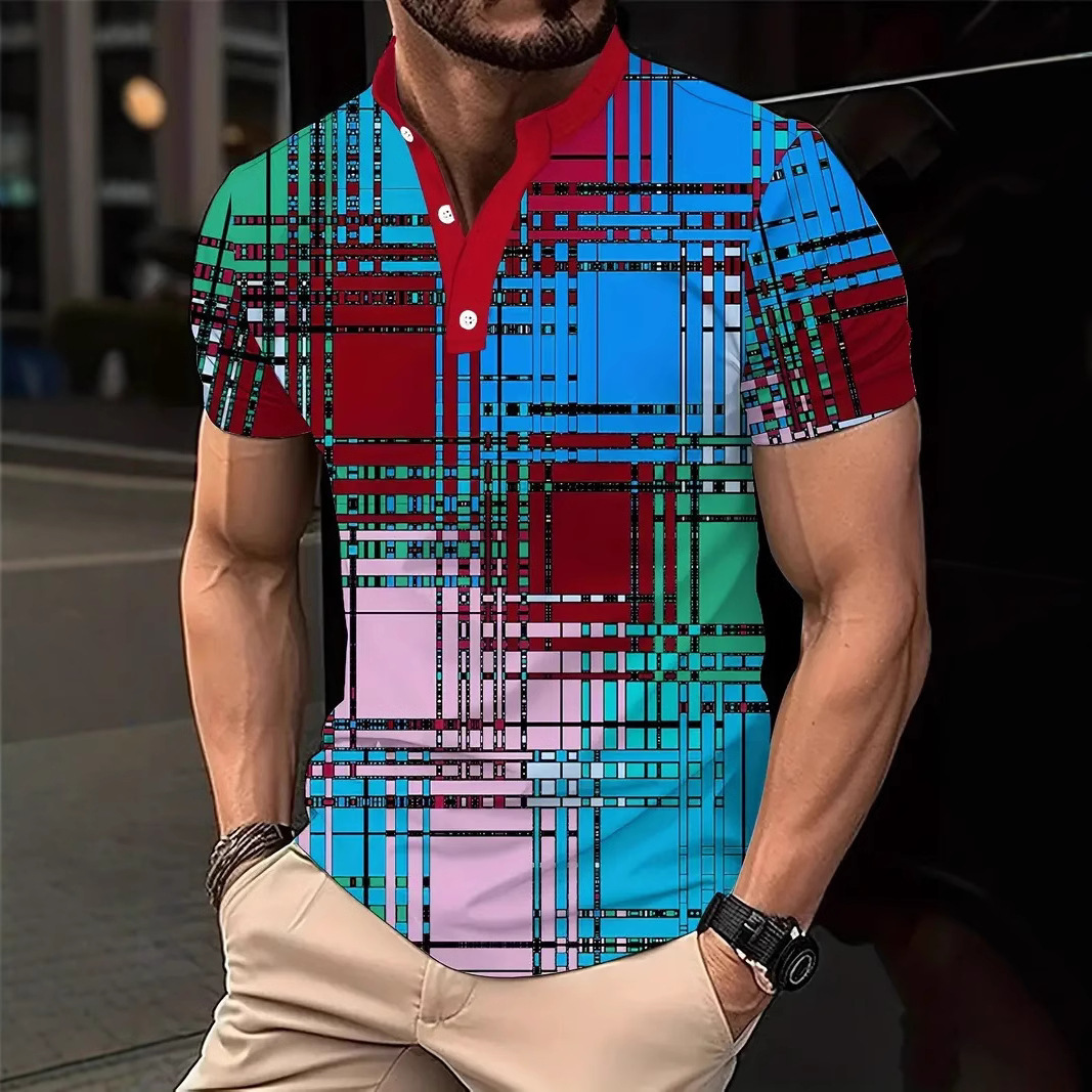 Nuevo estilo transfronterizo de verano 3d geométrico cubo estampado cuello alto botón de manga corta polo playa casual ME13