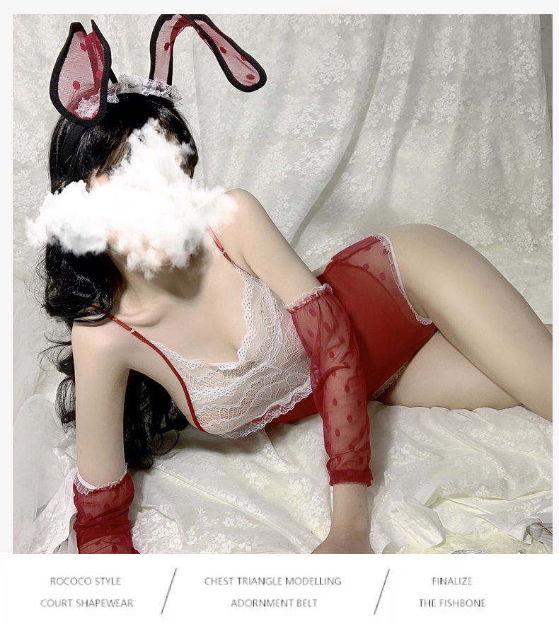Bunny Roleplay Costume Set with Headpiece, Bodysuit and Gloves in Pink — detail image 26